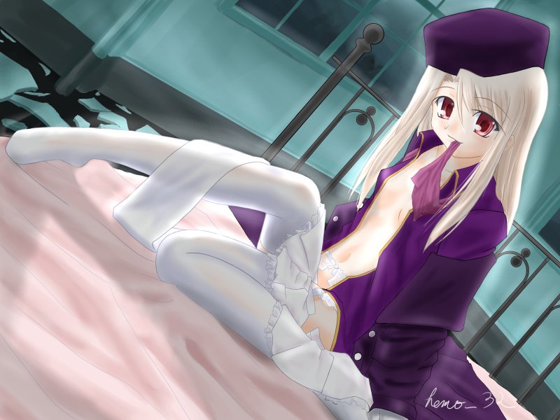 hemo 32, illyasviel von einzbern, fate/stay night, fate (series), 00s, 1girl, albino, bed, bottomless, bow, breasts, buttons, coat, dutch angle, female focus, flat chest, frills, from side, full body, garter belt, garter straps, gloves, hat, indoors, lace, lingerie, loli, long hair, long sleeves, looking at viewer, mouth hold, navel, night, no bra, on bed, open clothes, open coat, purple hat, railing, red eyes, ribbon, ribbon in mouth, scarf, sidelocks, signature, sitting, small breasts, solo, thighhighs, underwear, undressing, white gloves, white hair, white scarf, white thighhighs, window