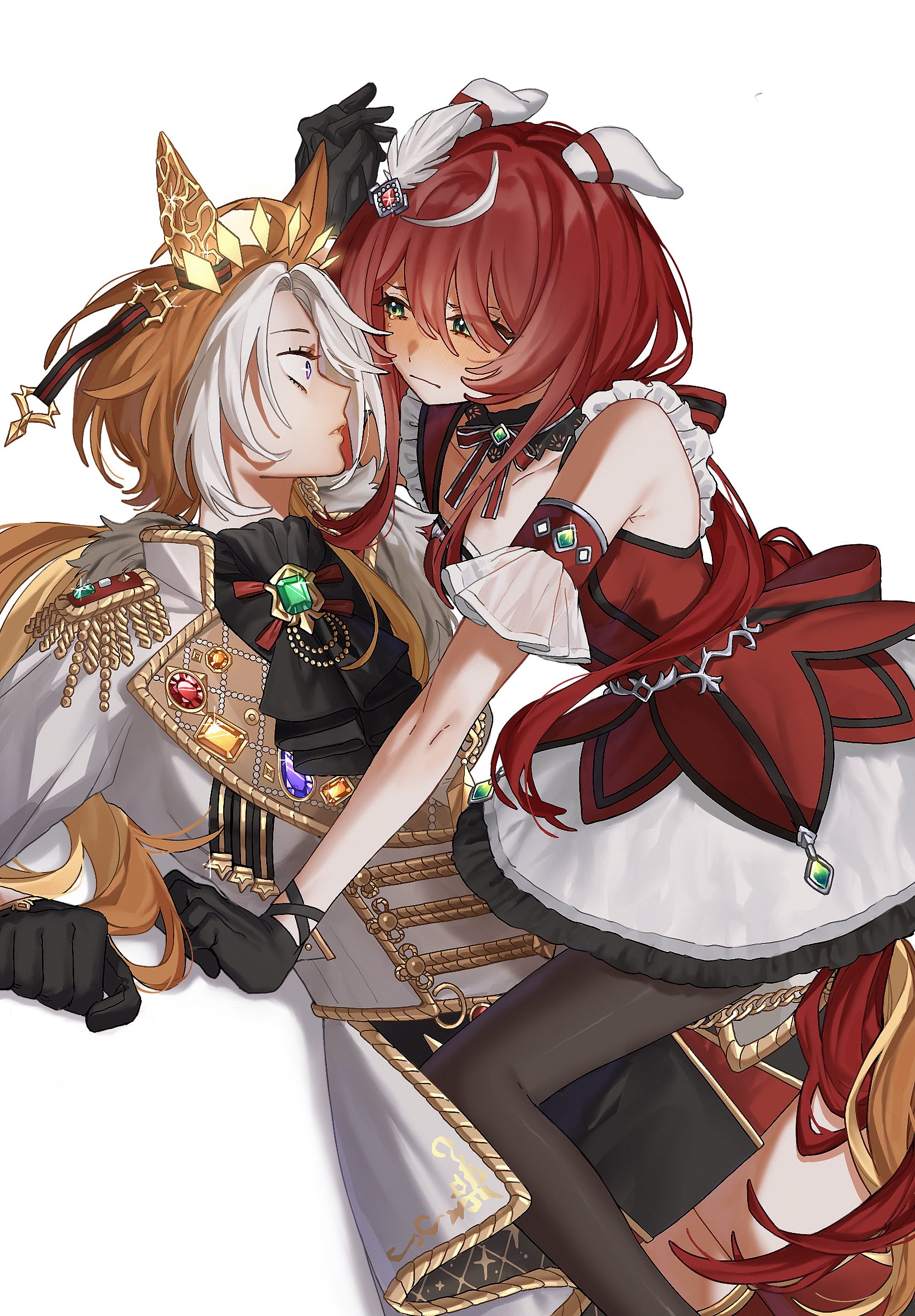 jouge2983, orfevre (umamusume), win variation (umamusume), umamusume, commentary, highres, 2girls, animal ears, ascot, bare shoulders, black ascot, black gloves, black pantyhose, blush, closed mouth, coat, dress, epaulettes, gloves, green brooch, green eyes, horse ears, horse girl, medium hair, multicolored hair, multiple girls, orange hair, pantyhose, parted lips, red dress, red hair, short hair, simple background, straddling, tears, two-tone hair, white background, white coat, white hair, yuri