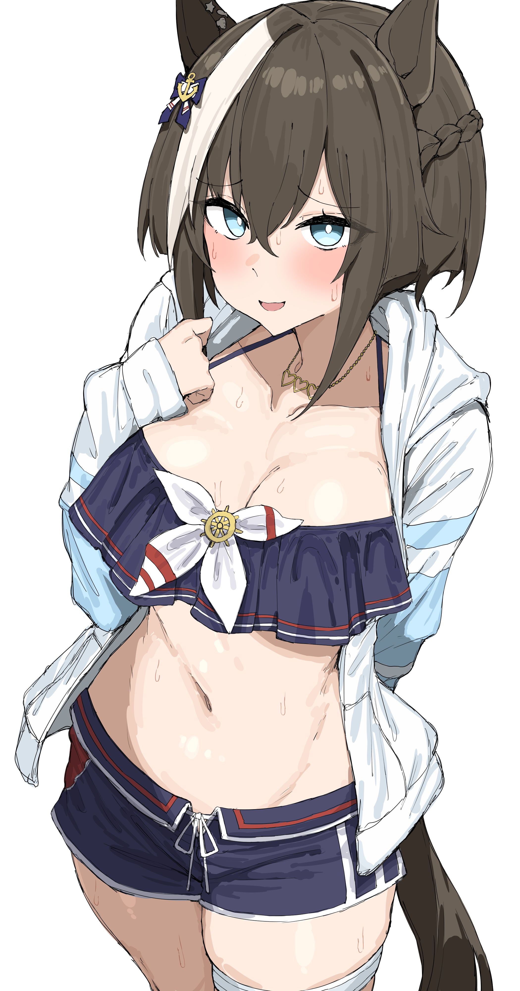 kumiyabe, cheval grand (summer calm navy drop) (umamusume), cheval grand (umamusume), umamusume, absurdres, commentary request, highres, 1girl, animal ears, bikini, blue bikini, blue eyes, breasts, bright pupils, brown hair, cleavage, heart, heart necklace, horse ears, horse girl, horse tail, jewelry, looking at viewer, medium breasts, multicolored hair, necklace, official alternate costume, short hair, solo, standing, streaked hair, sweat, swimsuit, tail, white hair, white pupils