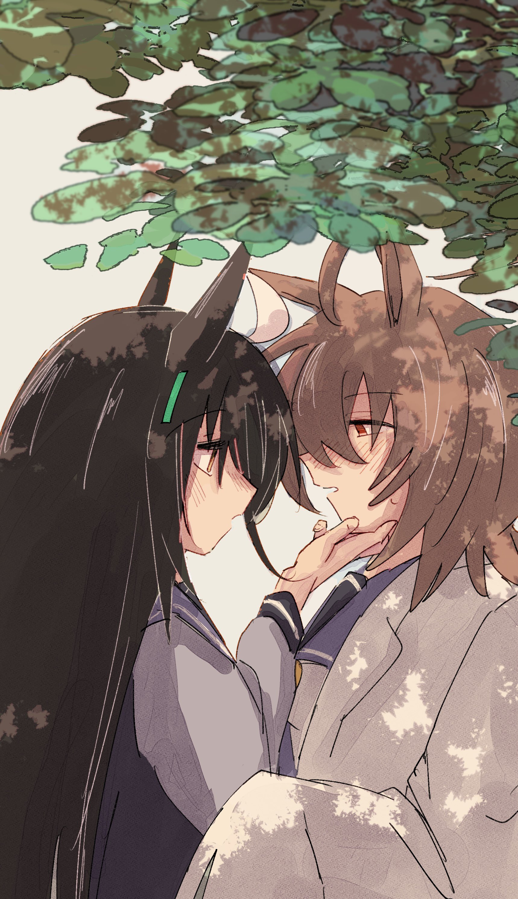gachitamago, agnes tachyon (umamusume), manhattan cafe (umamusume), umamusume, absurdres, commentary request, highres, 2girls, animal ears, black hair, blush, branch, brown hair, coat, hand on another's face, horse ears, horse girl, lab coat, looking at another, medium hair, multiple girls, outdoors, purple shirt, red eyes, school uniform, shirt, sweat, tracen school uniform, white coat, yellow eyes, yuri