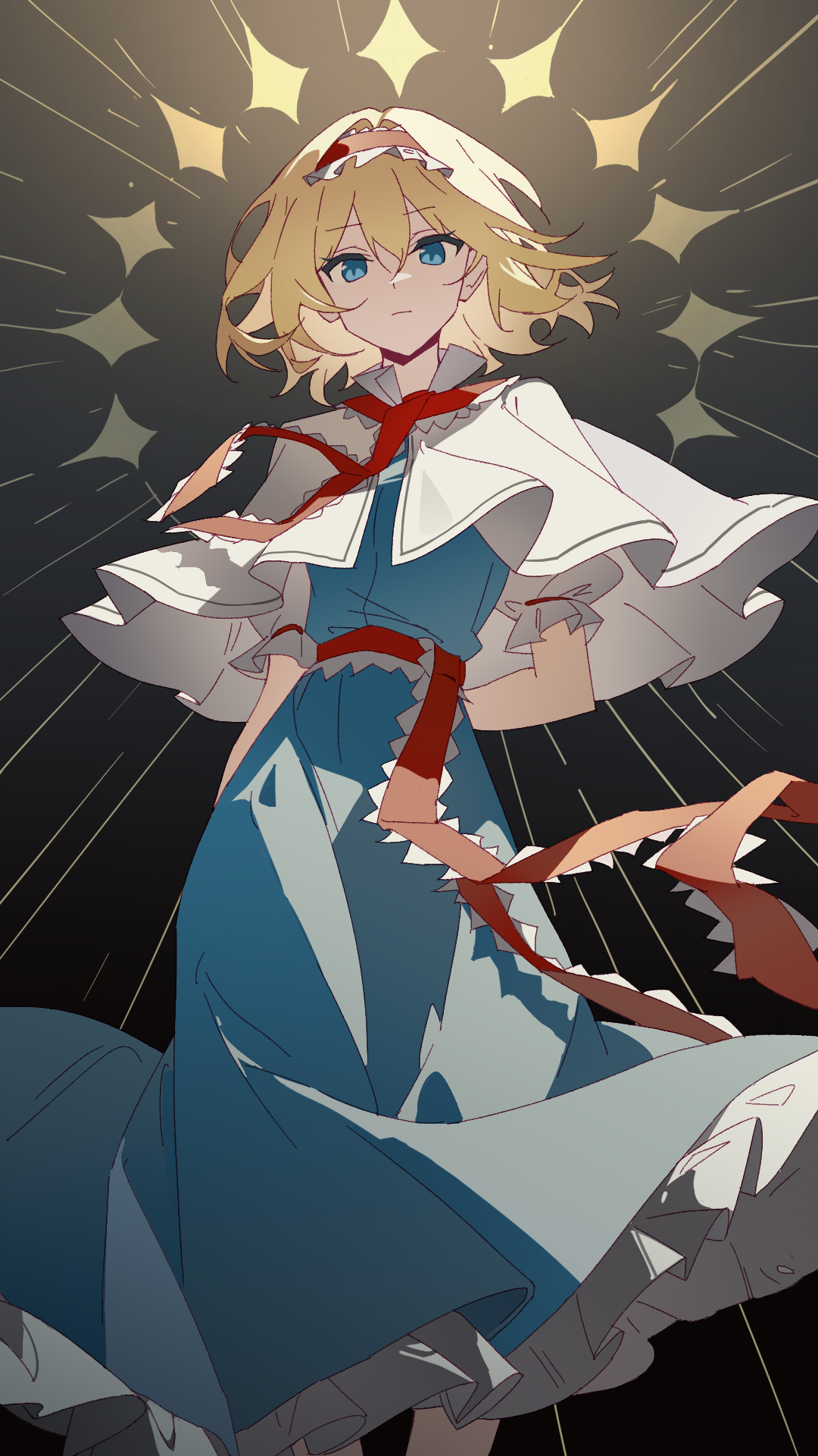 wuliwuli909, alice margatroid, touhou, commentary, highres, 1girl, blonde hair, blue dress, blue eyes, capelet, closed mouth, dress, expressionless, frilled hairband, frilled sash, frills, hairband, looking at viewer, red hairband, red sash, sash, short sleeves, solo, waist sash, white capelet