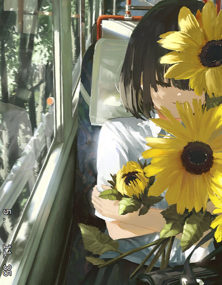utwob0, original, 1girl, black bag, black hair, black skirt, bob cut, bus interior, closed eyes, closed mouth, collared shirt, dated, flower, holding, holding flower, shirt, short hair, short sleeves, sitting, skirt, solo, sunflower, white shirt, window