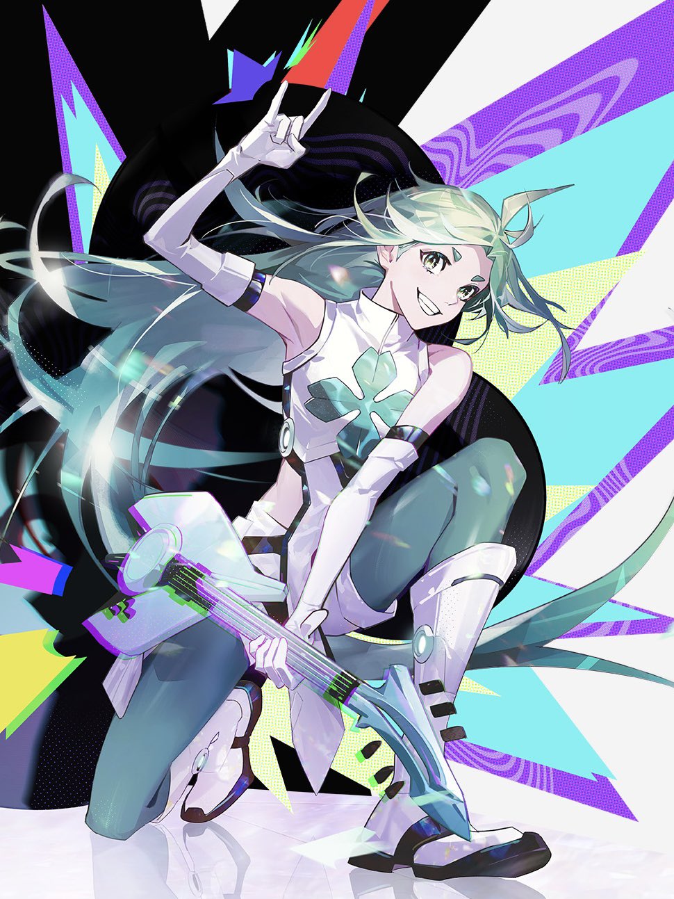 sd2190392804, lucky cyan (to be hero x), to be hero, to be hero x, highres, promotional art, n/, aqua hair, aqua pantyhose, boots, camisole, detached sleeves, four-leaf clover print, glitch, guitar, instrument, long hair, multicolored eyes, music, pantyhose, playing instrument, shirt, white boots, white camisole, white shirt