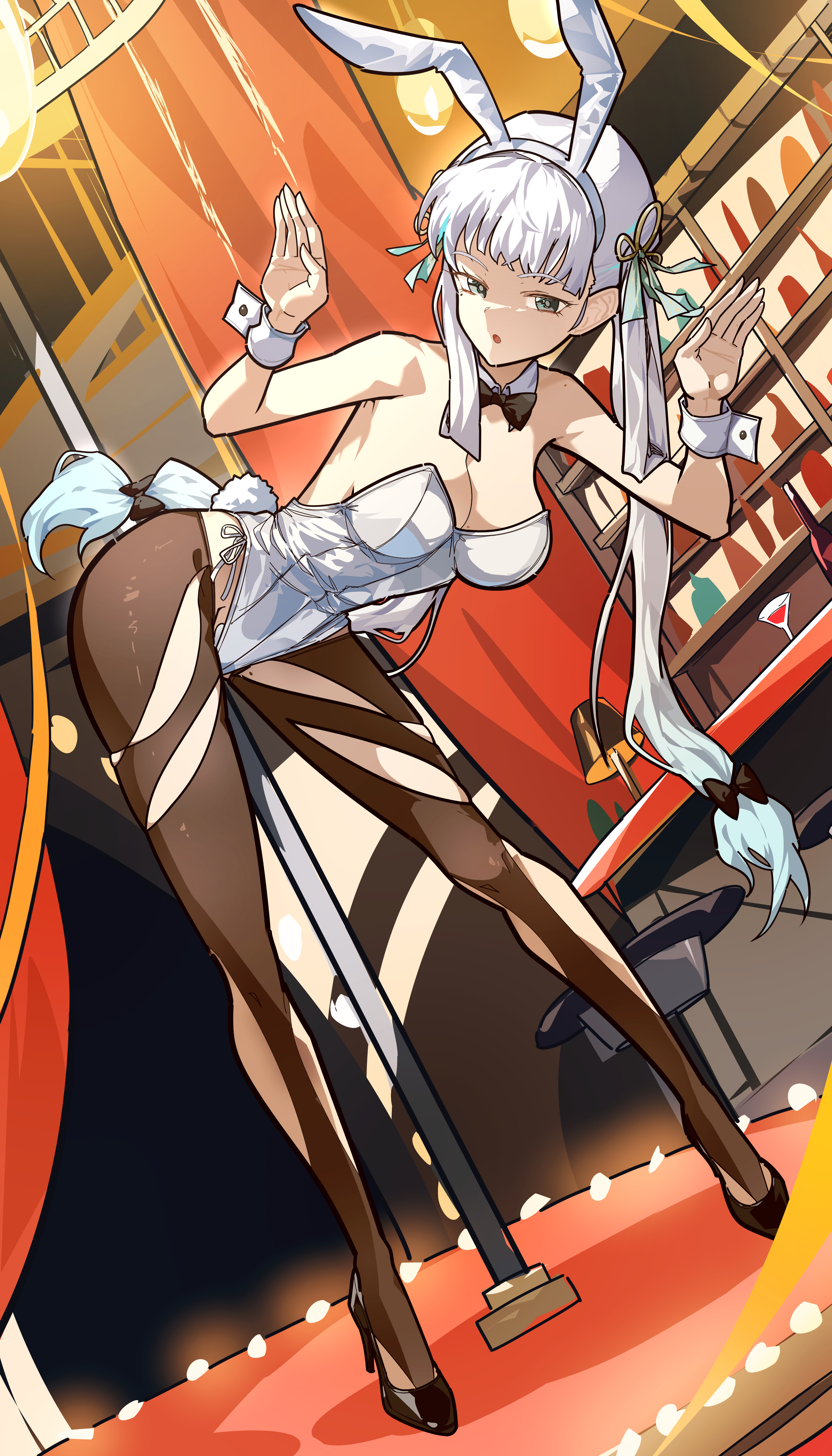 ryeon (naturesan), jinhsi (wuthering waves), wuthering waves, absurdres, commentary, english commentary, highres, revision, 1girl, :o, alternate costume, animal ear hairband, animal ears, bare shoulders, bent over, black bow, black bowtie, black pantyhose, black shoes, bow, bowtie, breasts, cleavage, collar, detached collar, dutch angle, fake animal ears, fake tail, green bow, grey eyes, hair bow, hairband, high heels, highleg, highleg leotard, indoors, leotard, looking at viewer, low twintails, medium breasts, multiple hair bows, pantyhose, playboy bunny, rabbit ear hairband, rabbit ears, rabbit pose, rabbit tail, shoes, solo, strapless, strapless leotard, tail, torn clothes, torn pantyhose, twintails, white collar, white hair, white leotard, white wrist cuffs, wrist cuffs