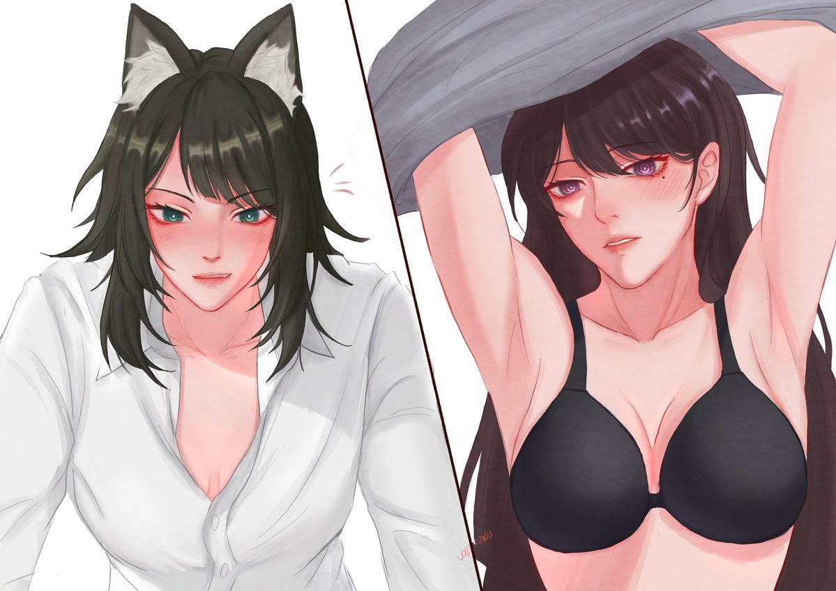 shiina taki, yahata umiri, bang dream!, bang dream! it's mygo!!!!!, commentary, symbol-only commentary, 2girls, animal ears, armpits, black bra, black hair, blue eyes, blush, bra, breasts, brown hair, cleavage, collarbone, collared shirt, kemonomimi mode, large breasts, long hair, mole, mole under eye, multiple girls, parted lips, purple eyes, shirt, simple background, smile, underwear, undressing, white background, white shirt, wolf ears, yuen du, yuri