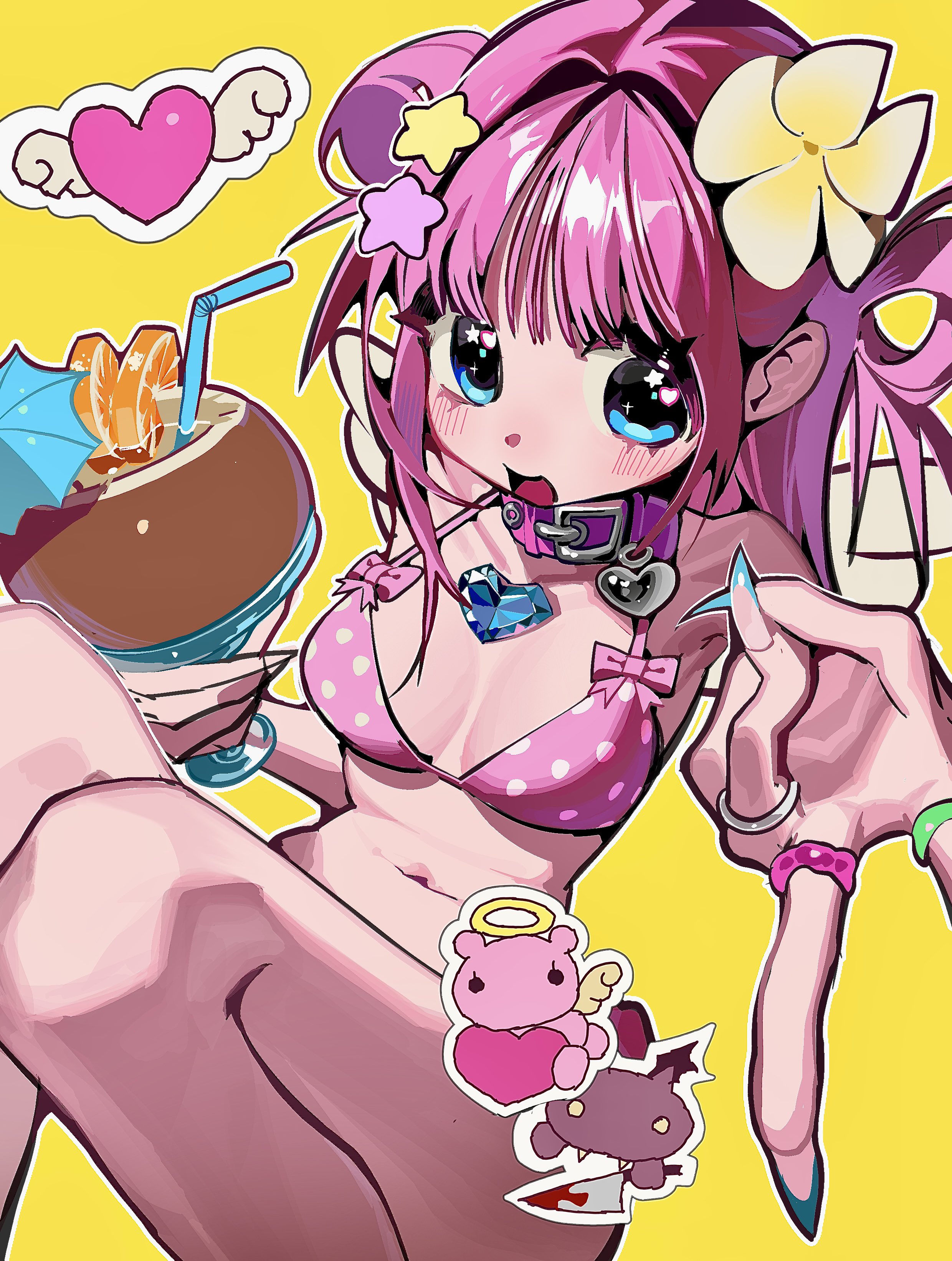 scocasr, original, absurdres, highres, 1girl, animal collar, asymmetrical sidelocks, blue eyes, breasts, choker, collar, cup, drinking straw, feet out of frame, fingernails, flower, food, fruit, glass, hair flower, hair ornament, hair rings, happy, heart, heart in eye, holding, holding cup, knees up, light blush, long fingernails, mini wings, navel, open mouth, orange (fruit), orange slice, outline, pink choker, pink hair, sidelocks, small breasts, star (symbol), star hair ornament, star in eye, swimsuit, symbol in eye, v, white outline, white wings, wings, yellow background
