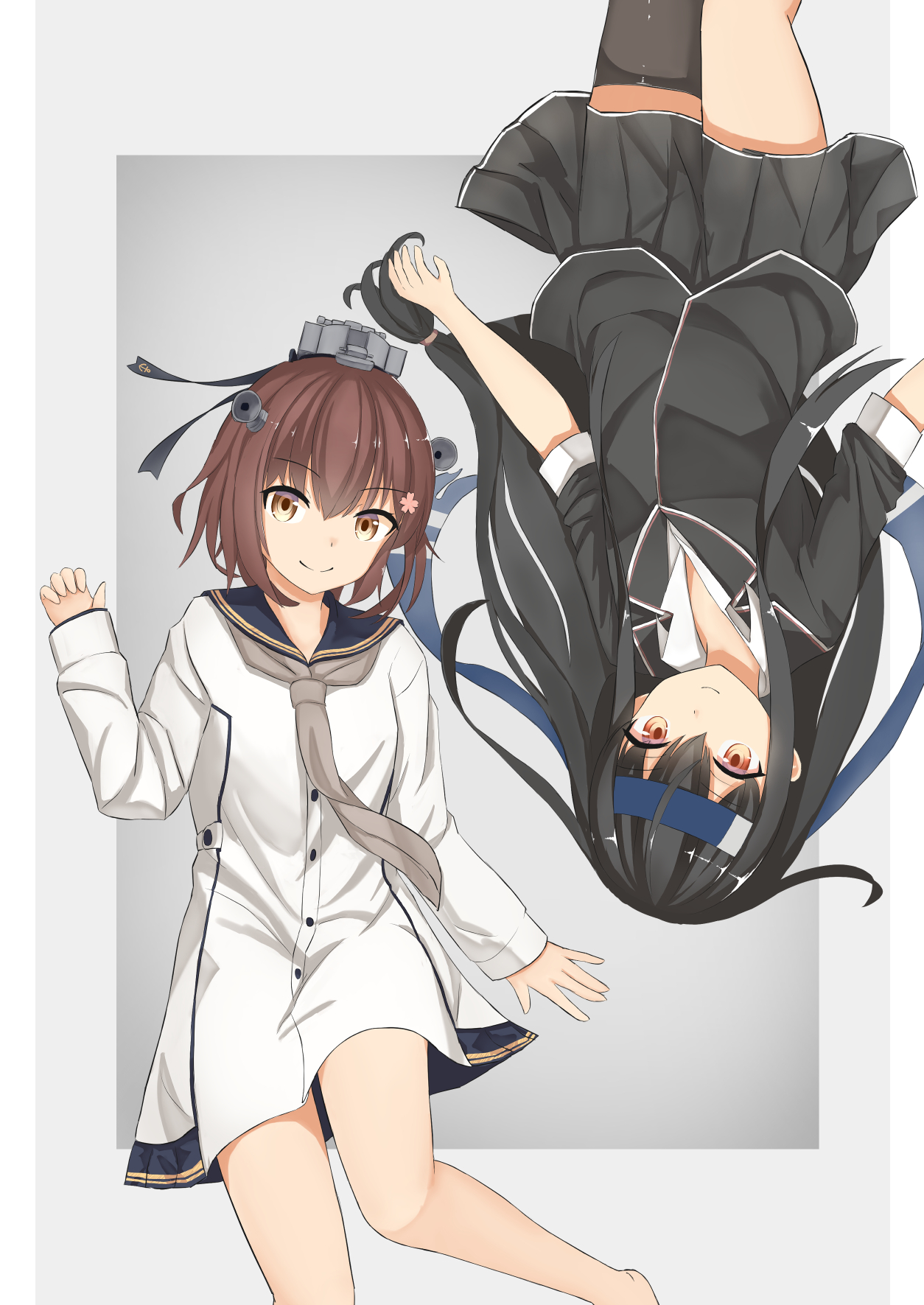 yuki 4040, hatsushimo (kancolle), hatsushimo kai ni (kancolle), yukikaze (kancolle), yukikaze kai ni (kancolle), kantai collection, highres, 2girls, asymmetrical legwear, black hair, black jacket, black sailor collar, black thighhighs, blazer, blue headband, brown eyes, brown hair, collared shirt, dress, dress shirt, feet out of frame, flower, grey neckerchief, hair flower, hair ornament, headband, headgear, jacket, long hair, low-tied long hair, lying, multiple girls, neckerchief, orange eyes, parody, pleated skirt, radar hair ornament, sailor collar, sailor dress, shirt, short hair, single thighhigh, skirt, style parody, thighhighs, upside-down, white dress, white shirt, yadokari (migihashi) (style)