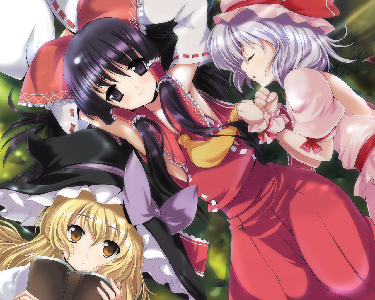r-type nirvana, souryuu (double dragon), hakurei reimu, kirisame marisa, remilia scarlet, touhou, 3girls, belt, blonde hair, blush, book, bow, brown hair, closed eyes, dress, female focus, hair bow, hat, looking at viewer, lying, mob cap, multiple girls, on back, on side, open book, pink dress, puffy sleeves, reading, red bow, red dress, sleeping, tareme, witch hat
