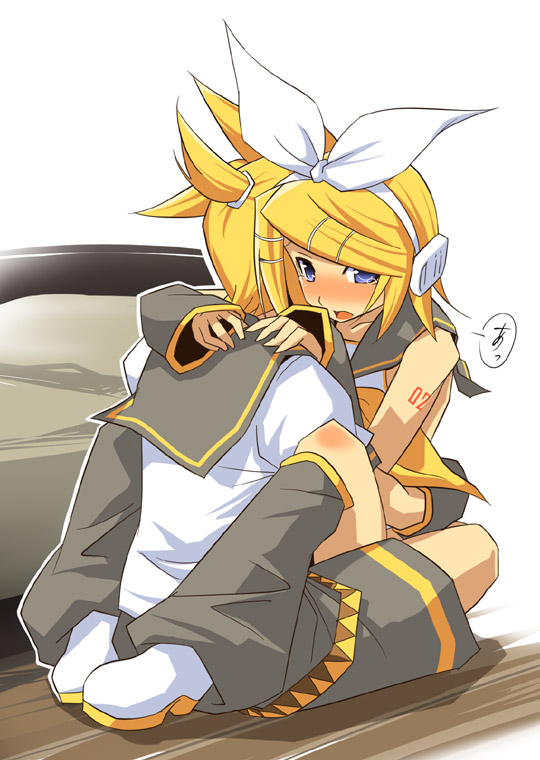 hermmy, kagamine len, kagamine rin, vocaloid, 1boy, 1girl, blonde hair, blue eyes, blush, brother and sister, clothed sex, detached sleeves, hair ornament, hair ribbon, hairclip, headset, hetero, hug, incest, leg lock, ponytail, ribbon, school uniform, serafuku, sex, short hair, shorts, siblings, straddling, tattoo, text focus, twincest, twins, upright straddle, vaginal