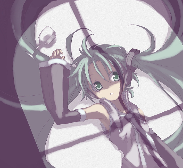 kuro (kuroneko no kanzume), hatsune miku, vocaloid, 1girl, arm up, collared shirt, cup, detached sleeves, drinking glass, female focus, frills, green eyes, grey shirt, hair between eyes, hair ornament, headphones, long hair, looking at viewer, lying, necktie, on back, open mouth, shade, shirt, solo, twintails, upper body, window shadow, wine glass