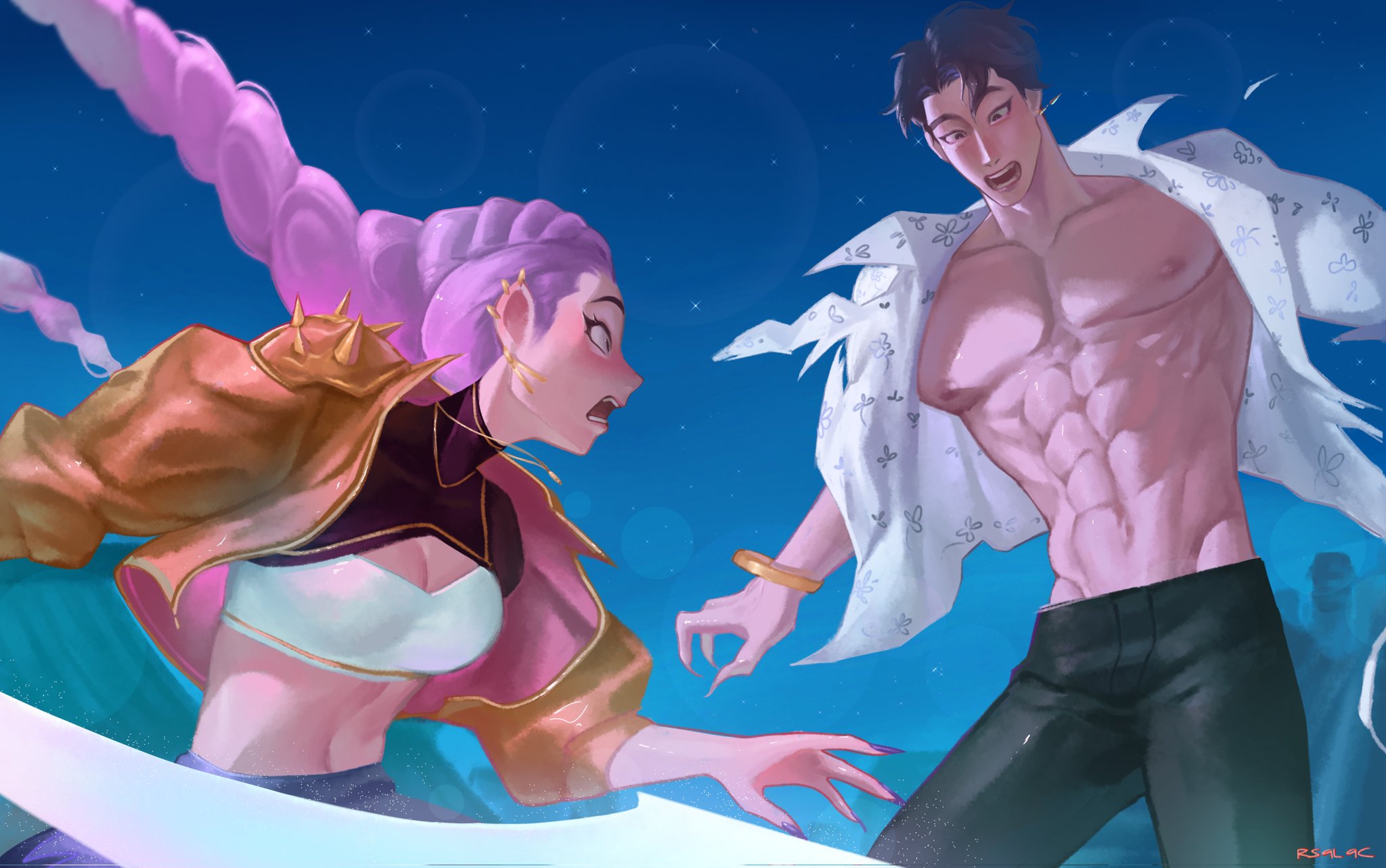 jirouryuunosuke, jinu (kpop demon hunters), rumi (kpop demon hunters), kpop demon hunters, hashtag-only commentary, highres, 1boy, 1girl, abs, black pants, blush, bracelet, braid, braided ponytail, cropped jacket, embarrassed, holding, holding sword, holding weapon, jewelry, necklace, open mouth, pants, purple hair, short hair, sword, weapon