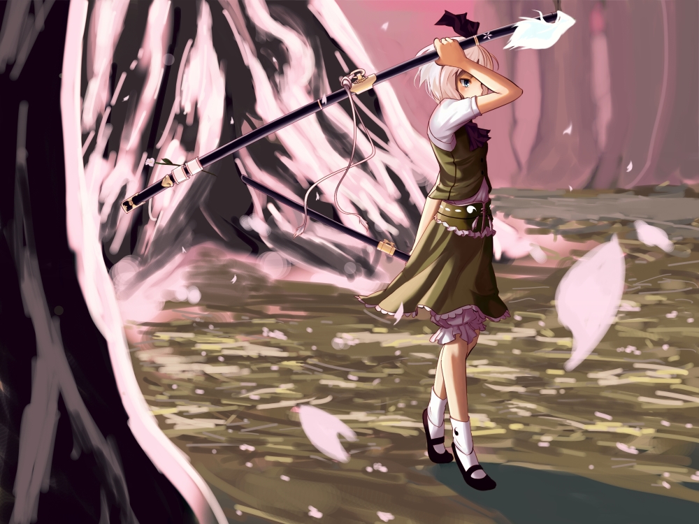 ket-c, konpaku youmu, touhou, 1girl, bloomers, blue eyes, cherry blossoms, dual wielding, expressionless, female focus, holding, katana, petals, sheath, sheathed, short hair, solo, standing, sword, tiptoes, tree, underwear, weapon, white hair