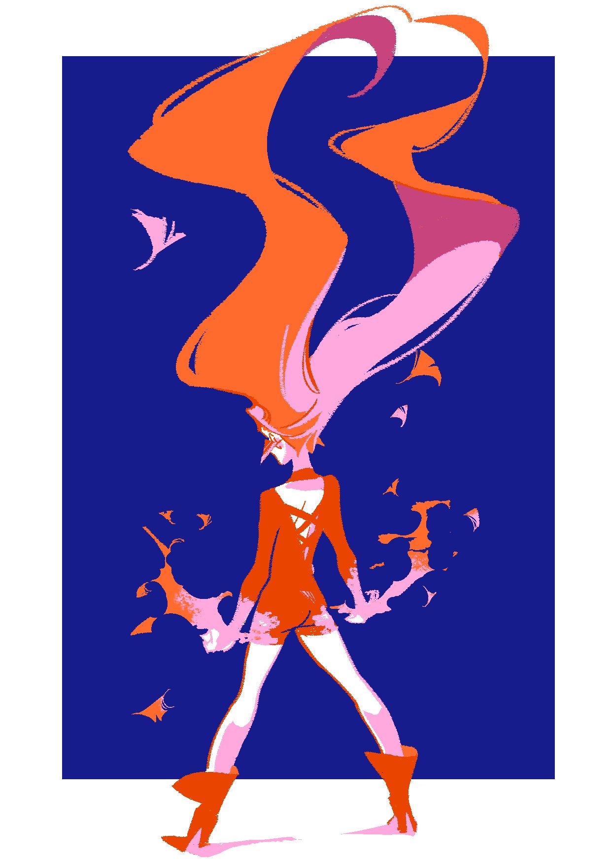 tweetyq1961, commentary, highres, 1girl, 3itches, back, blue background, boots, border, floating hair, full body, ginkgo leaf, high heel boots, high heels, leaf, long hair, orange hair, solo, very long hair, vivian (3itches), white border