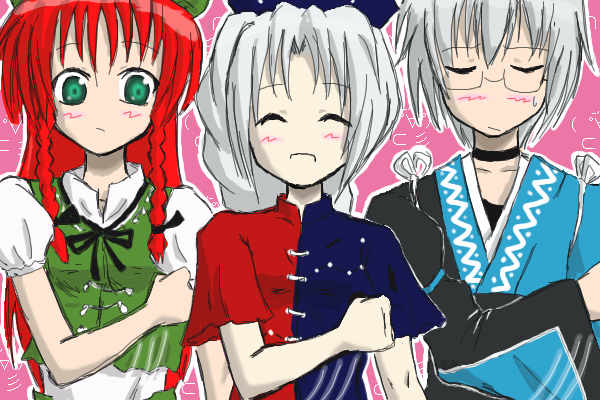 hong meiling, morichika rinnosuke, yagokoro eirin, touhou, 1boy, 2girls, ^ ^, blush, closed eyes, glasses, green eyes, hat, long hair, multiple girls, red hair, short hair, tasukete eirin, white hair