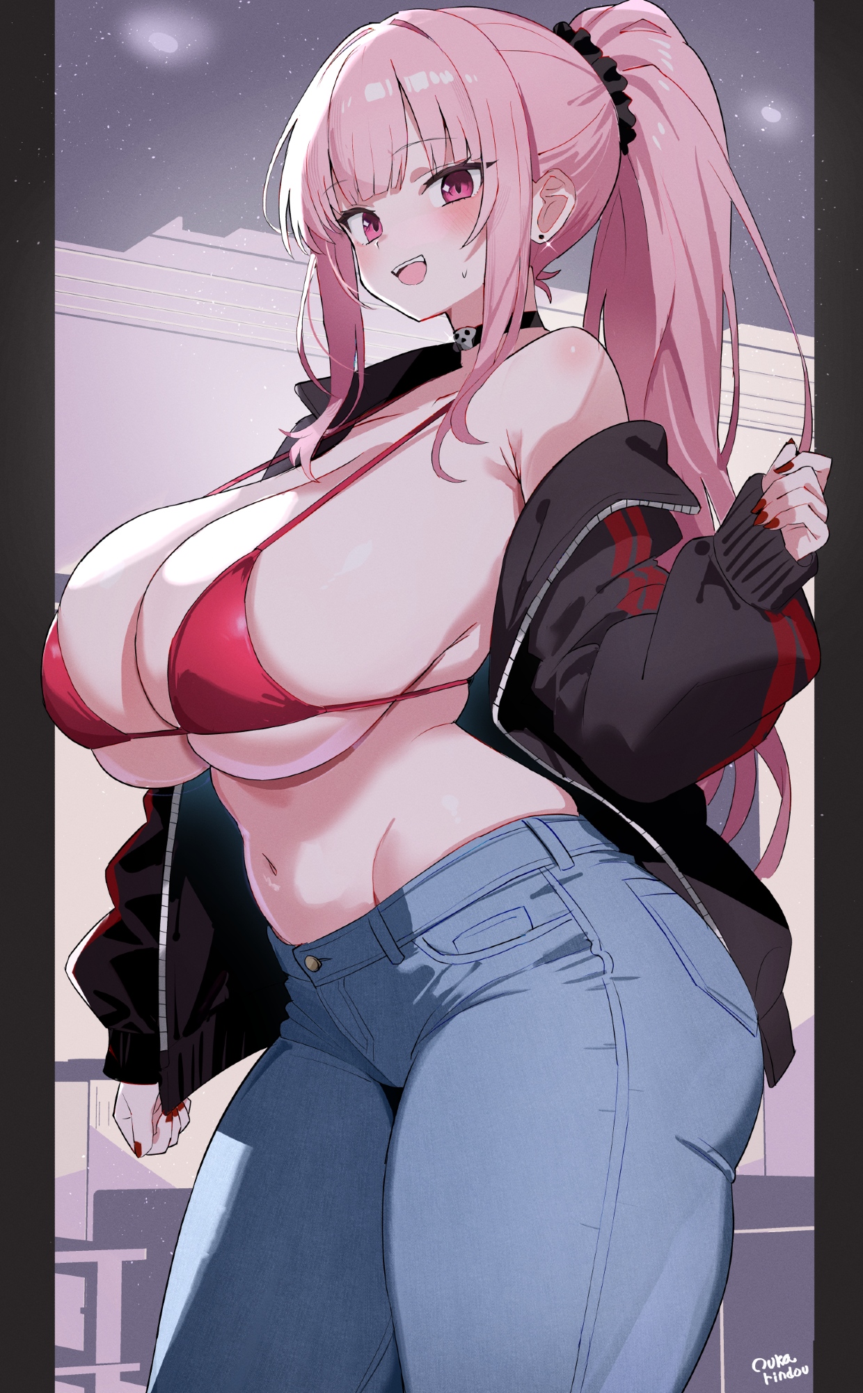 o-rindou5100, mori calliope, hololive, hololive english, commentary, english commentary, highres, 1girl, armpit crease, artist name, bikini, black choker, black jacket, black scrunchie, blue pants, blush, breasts, choker, denim, earrings, fingernails, hair ornament, hair scrunchie, hip bones, huge breasts, jacket, jeans, jewelry, long hair, long sleeves, looking at viewer, multicolored jacket, nail polish, navel, open clothes, open jacket, open mouth, pants, pink bikini, pink eyes, pink hair, ponytail, red jacket, red nails, scrunchie, sidelighting, single bare shoulder, skull choker, smile, solo, stomach, striped clothes, striped jacket, stud earrings, sweat, swimsuit, teeth, thick thighs, thighs, two-tone jacket, upper teeth only, virtual youtuber