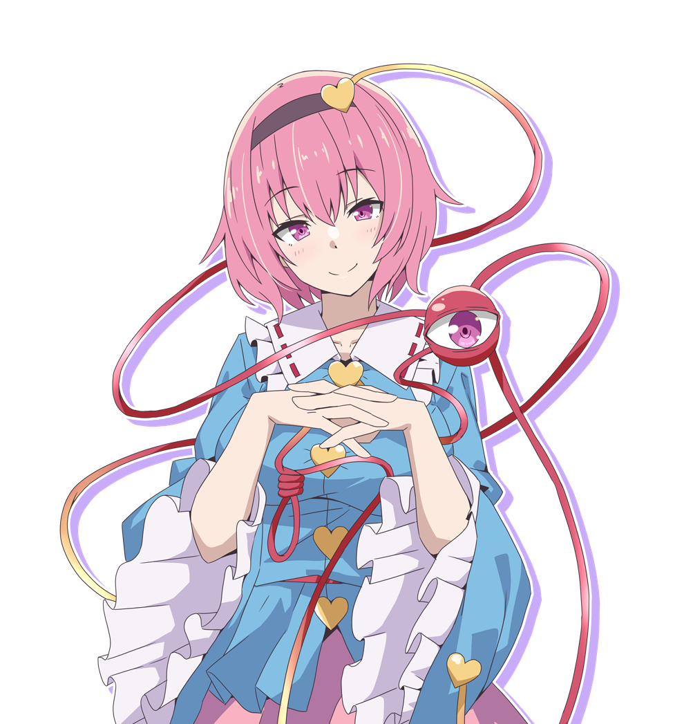 to~fuya, komeiji satori, touhou, commentary request, 1girl, blue shirt, breasts, brown hairband, buttons, closed mouth, collared shirt, eyeball, frilled shirt collar, frilled sleeves, frills, hair ornament, hairband, heart, heart button, heart hair ornament, interlocked fingers, long sleeves, looking at viewer, outline, own hands together, pink eyes, pink hair, pink skirt, ribbon-trimmed collar, ribbon trim, shirt, simple background, skirt, smile, solo, third eye, white background, white outline, wide sleeves