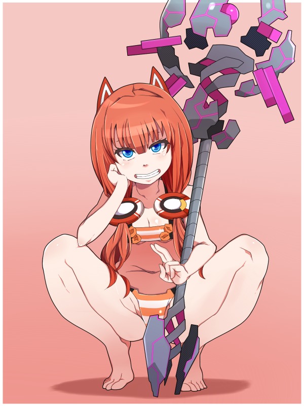 yucopi, clariskrays, phantasy star, phantasy star online 2, 1girl, barefoot, bikini, blue eyes, blush, breasts, cleavage, feet, flower, flower-trimmed bikini, full body, grin, hair between eyes, hair ornament, head on hand, holding, holding staff, knee blush, long hair, looking at viewer, low twintails, mage staff, navel, orange bikini, orange flower, pink background, red hair, small breasts, smile, solo, spread legs, squatting, staff, straight-on, striped bikini, striped clothes, swimsuit, tiptoes, twintails, v, white bikini