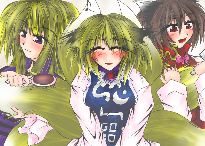 aiba kinoko (aozora), chen, yakumo ran, yakumo yukari, touhou, 3girls, animal ears, blonde hair, brushing, cat ears, female focus, fox tail, hair brush, multiple girls, tabard, tail