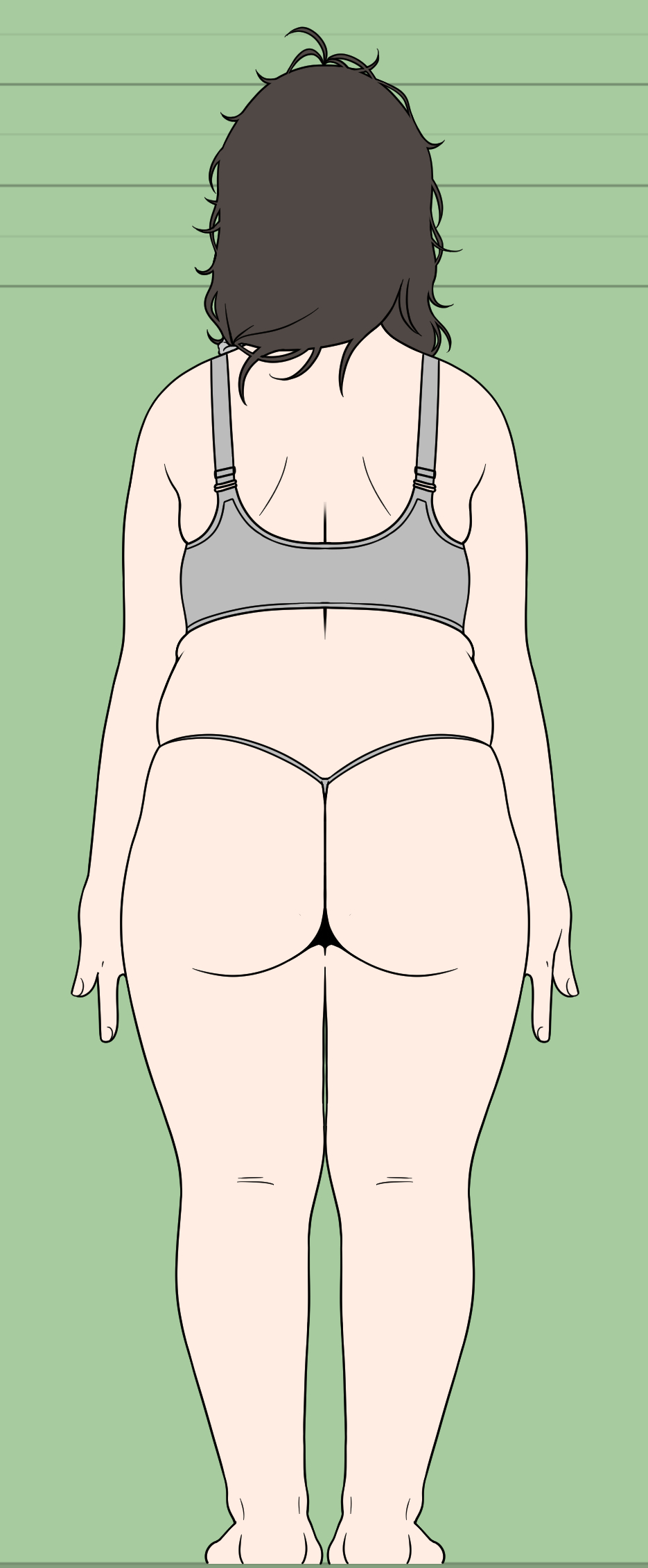 kuzukago (bitchmaker), original, tagme, ahoge, ass, bra, brown hair, flat color, full body, green background, grey bra, plump, simple background, standing, thick thighs, thighs, ume-chan (kuzukago bitchmaker), underwear, wavy hair