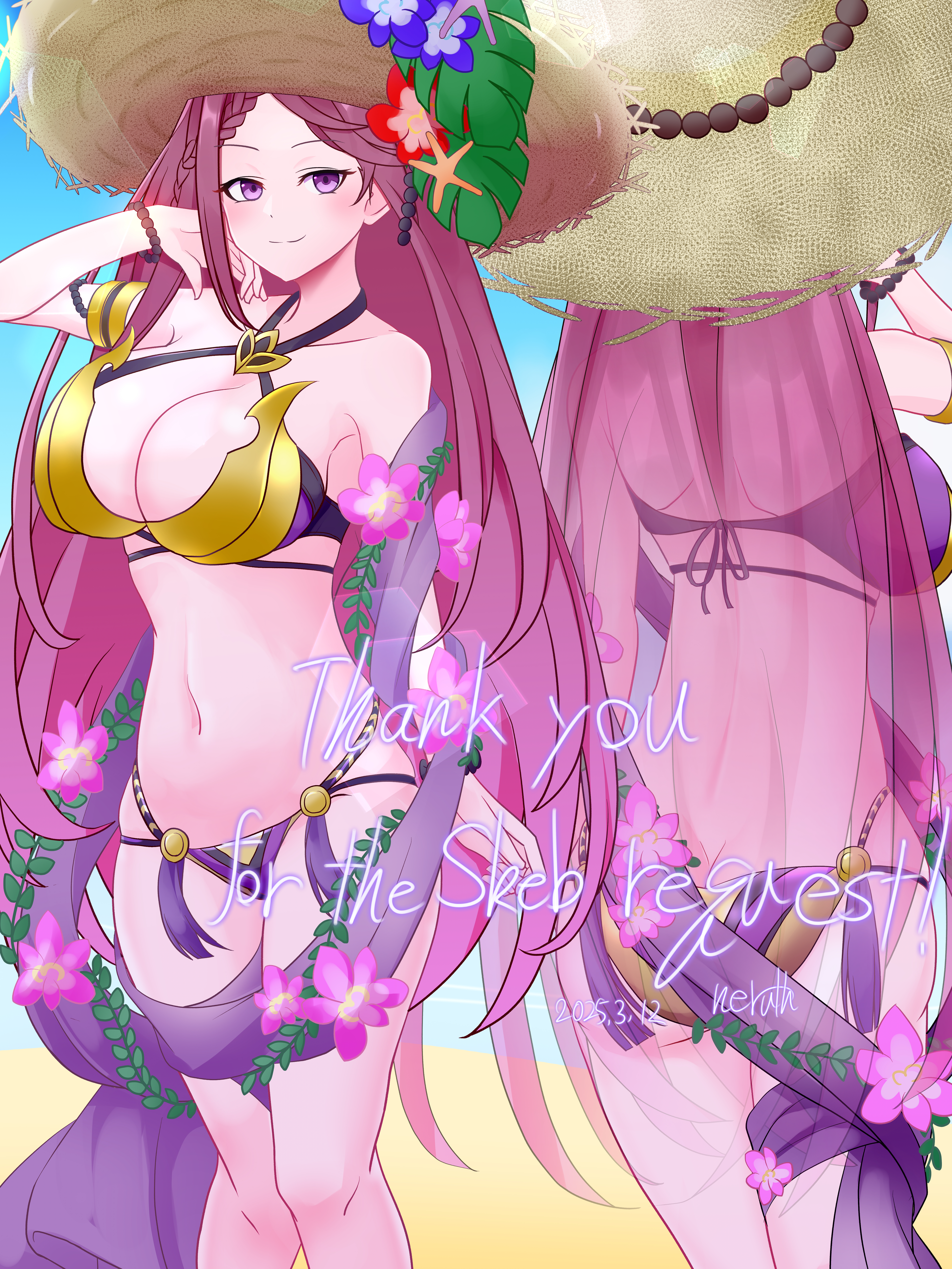 loki (fire emblem), fire emblem, fire emblem heroes, nintendo, 1girl, bikini, breasts, cleavage, hat, large breasts, long hair, navel, purple eyes, purple hair, solo, swimsuit