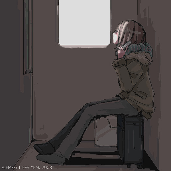 nogoodlife, original, 00s, 1girl, 2008, cellphone, female focus, glasses, new year, phone, sitting, solo, train, train interior, window
