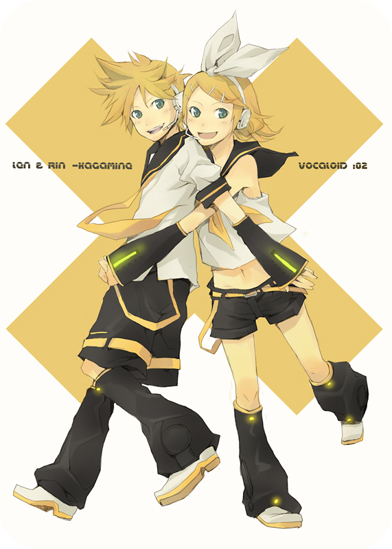 yoshito, kagamine len, kagamine rin, vocaloid, 1boy, 1girl, brother and sister, character name, copyright name, full body, neckerchief, neon trim, school uniform, serafuku, siblings, teeth, twins, upper teeth only, yellow neckerchief