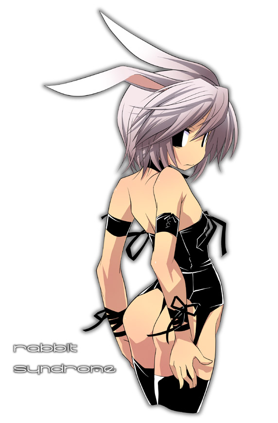 hermmy, 1girl, animal ears, armband, ass, back, black thighhighs, fake animal ears, female focus, flat chest, gradient background, grey hair, leotard, playboy bunny, purple hair, rabbit ears, ribbon, short hair, solo, thighhighs, thong leotard
