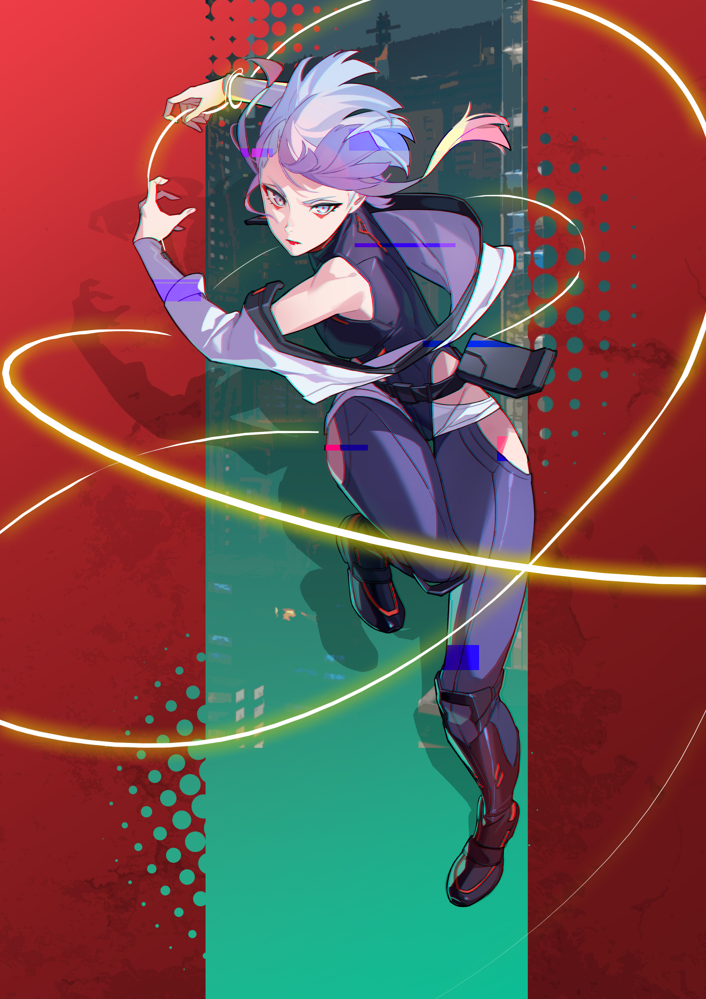 bigroll, lucy (cyberpunk), cyberpunk: edgerunners, cyberpunk (series), guilty gear, guilty gear strive, absurdres, commentary request, highres, 1girl, asymmetrical hair, bare shoulders, black boots, boots, clothing cutout, cropped jacket, eyeliner, fighting stance, full body, furrowed brow, grey eyes, grey pants, jacket, makeup, multicolored hair, off-shoulder jacket, off shoulder, pants, pillarboxed, red eyeliner, red lips, short hair, solo, thigh cutout, white jacket