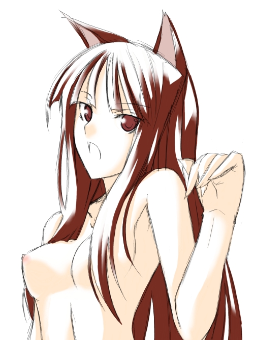 ribi, holo, spice and wolf, 00s, 1girl, animal ears, breasts, female focus, medium breasts, nipples, nude, solo, wolf ears