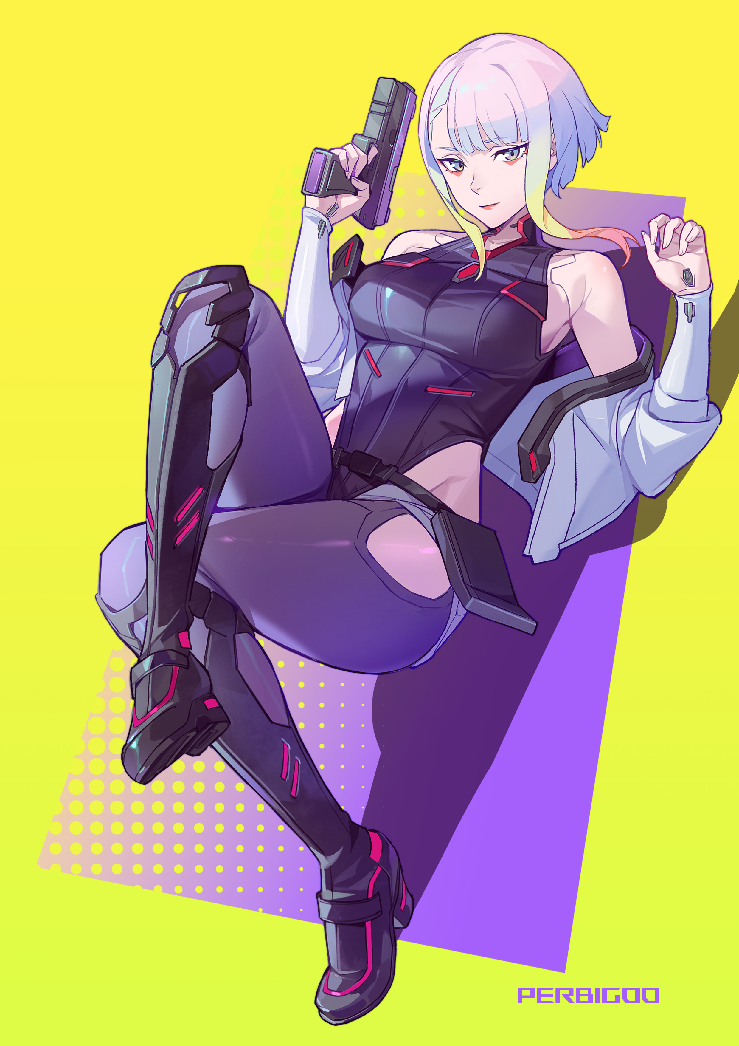 bigroll, lucy (cyberpunk), cyberpunk: edgerunners, cyberpunk (series), absurdres, commentary request, highres, 1girl, artist name, belt, black boots, blue pantyhose, boots, breasts, closed mouth, cyborg, eyeliner, full body, gun, halftone, handgun, heattech leotard, highleg, highleg leotard, holding, holding gun, holding weapon, leotard, looking at viewer, makeup, medium breasts, multicolored hair, pantyhose, red eyeliner, short hair, short hair with long locks, sideboob, solo, turtleneck, weapon, yellow background