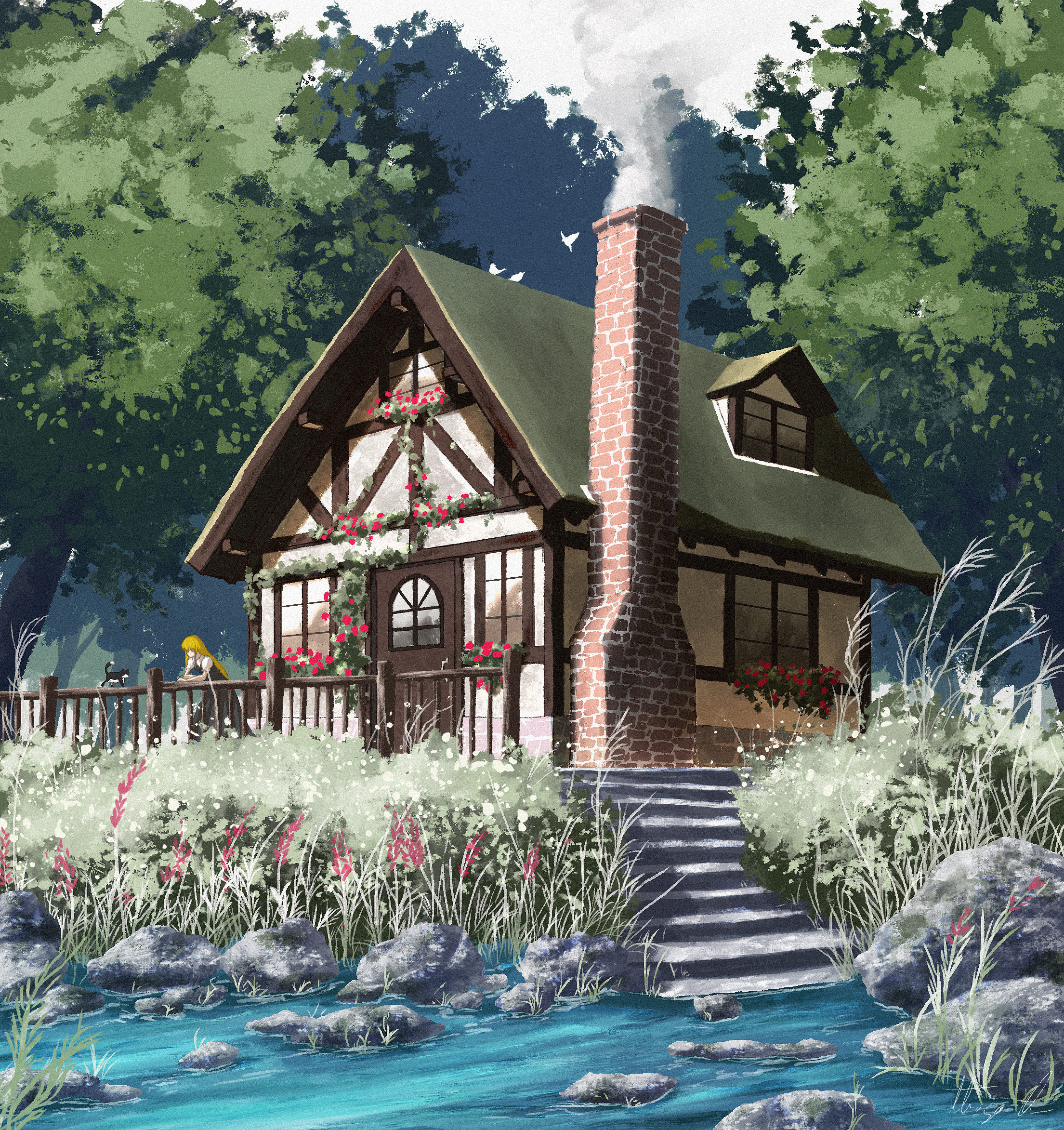 oubachiago, kirisame marisa, touhou, commentary, english commentary, highres, mixed-language commentary, procreate (medium), 1girl, against railing, black cat, blonde hair, cat, chimney, house, no headwear, outdoors, railing, scenery, smoke, solo, stream, tree, water