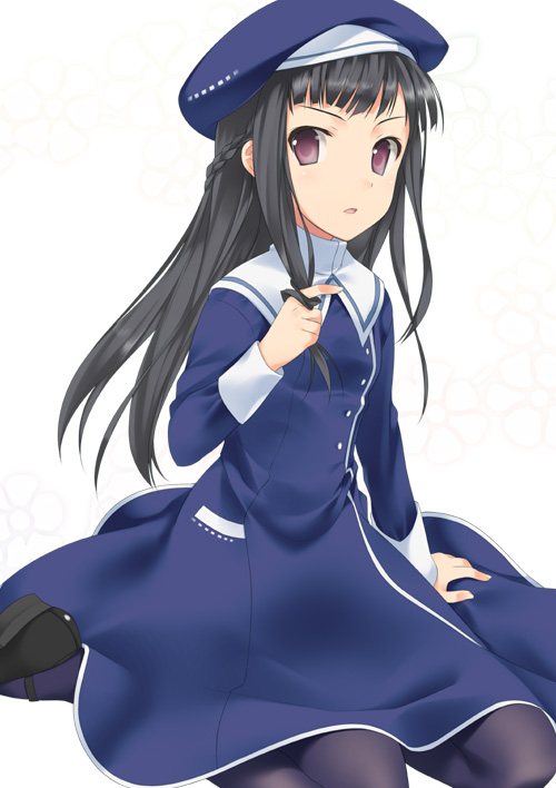 mizuki makoto, 1girl, blue pantyhose, female focus, hat, pantyhose, school uniform, serafuku, solo, twirling hair