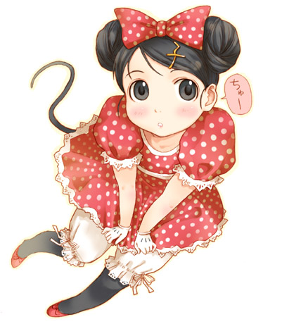 takagi hideaki, minnie mouse, mickey mouse & friends, original, black legwear, lowres, 1girl, black eyes, black hair, bloomers, blush, bow, double bun, dress, female focus, full body, gloves, grey eyes, hair bun, hair ornament, hairclip, mouse tail, polka dot, polka dot bow, polka dot dress, red bow, red dress, red shoes, shoes, solo, tail, underwear, white background, white gloves