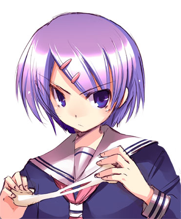 matsuzaki yutaka, original, lowres, 1girl, female focus, food, hair ornament, hairclip, looking at viewer, mochi, purple eyes, purple hair, school uniform, serafuku, short hair, simple background, solo, upper body, wagashi, white background