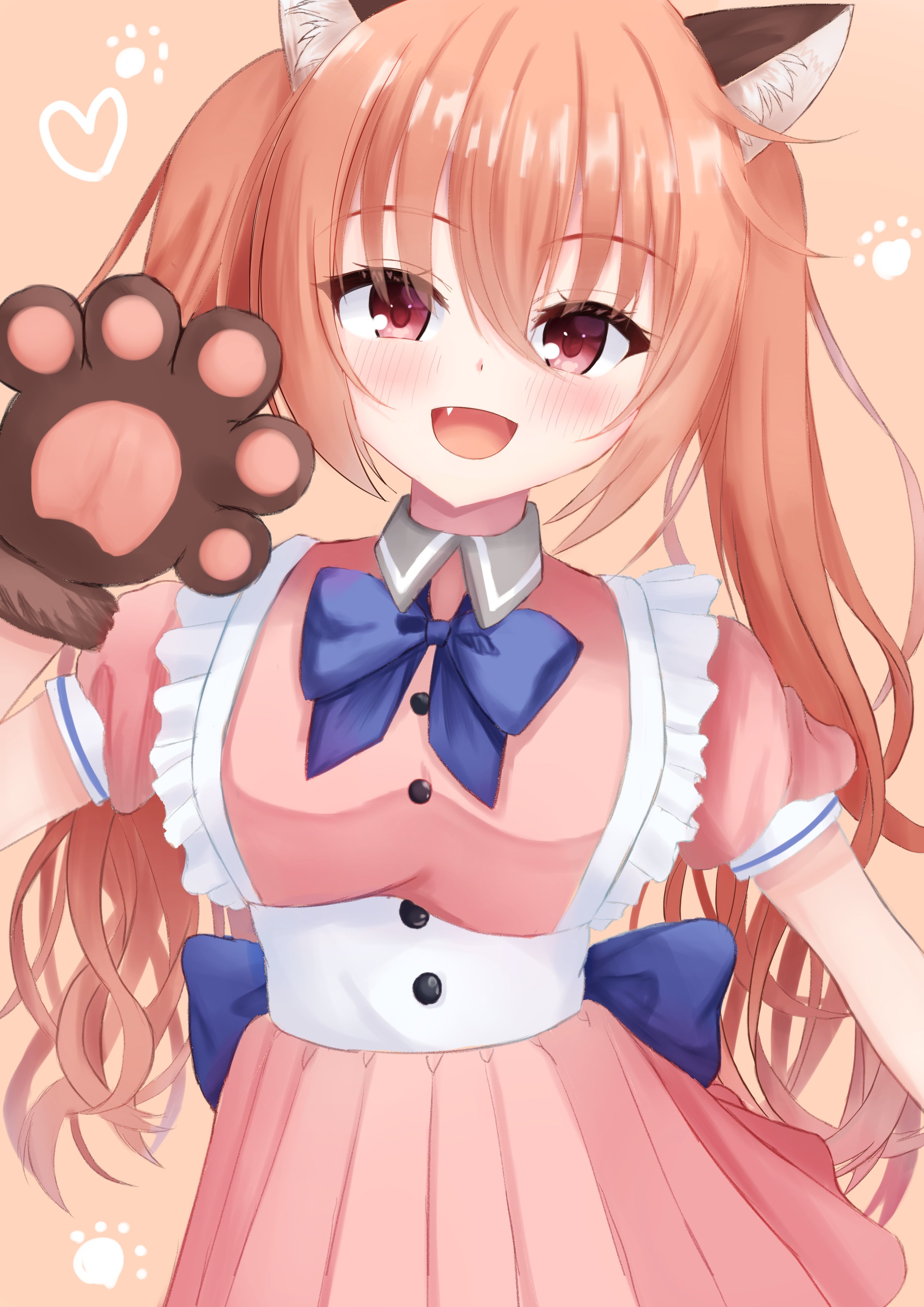 kiki0319i, inaba meguru, sanoba witch, absurdres, commentary request, highres, 1girl, :d, alternate costume, animal ear fluff, animal ears, animal hands, back bow, blue bow, blue bowtie, blush, bow, bowtie, buttons, collared shirt, cowboy shot, eyelashes, eyes visible through hair, fake animal ears, fang, gloves, hair between eyes, hand up, happy, heart, long hair, looking at viewer, open mouth, orange background, orange hair, paw gloves, paw print, pink shirt, pink skirt, pleated skirt, puffy short sleeves, puffy sleeves, red eyes, shirt, short sleeves, sidelocks, simple background, skirt, smile, solo, twintails, very long hair, waving, wolf ears