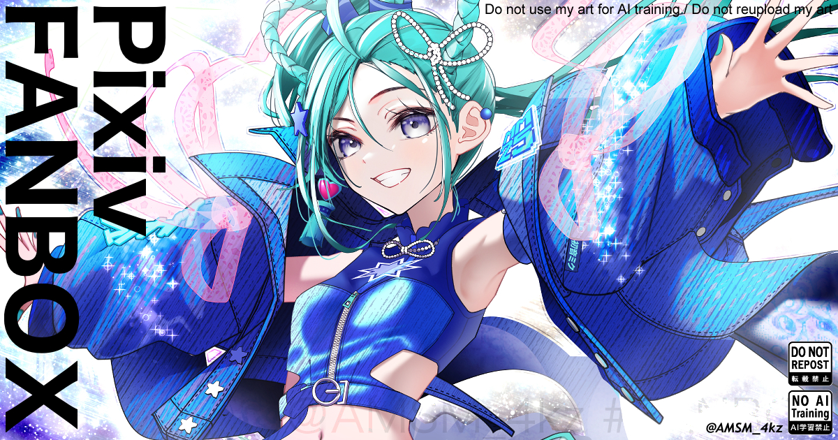 yokaze (yokajie), hatsune miku, magical mirai miku, magical mirai miku (2025), magical mirai (vocaloid), aqua hair, aqua nails, armpits, blue jacket, braid, braided hair rings, crop top, earrings, grey eyes, hair between eyes, hair ornament, hair rings, heart, heart earrings, jacket, jewelry, looking at viewer, midriff, navel, official alternate costume, official alternate hairstyle, open clothes, open jacket, shirt, single earring, sleeveless, sleeveless shirt, smile, star (symbol), star hair ornament, stomach, teeth, twitter username