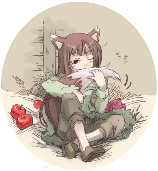 kuronekokan monpetit, holo, spice and wolf, 00s, animal ears, solo, tail, wolf ears, wolf tail