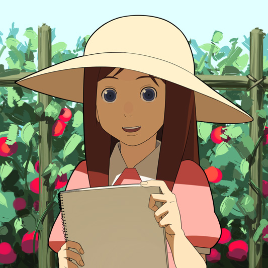 go robots, sagi tsukiko, mousou dairinin, 00s, 1girl, blue eyes, brown hair, female focus, field, flower, flower field, hat, long hair, sketchbook, smile, solo