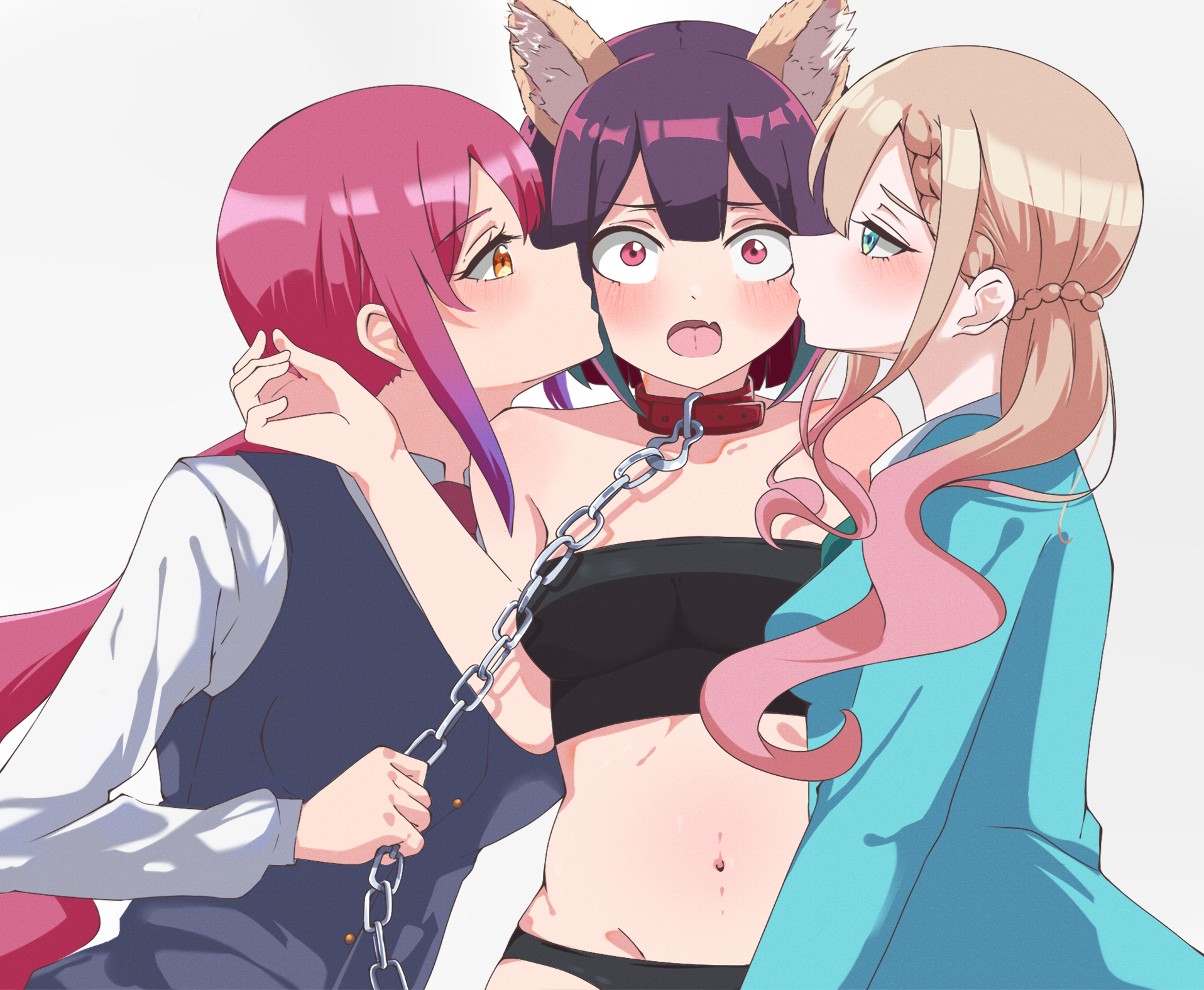 yuriyurisuki, mizutori atori, suzukaze suzu, yuutani yuu, bad girl (manga), commentary, highres, 3girls, animal ear hairband, animal ears, bare shoulders, black tube top, black vest, blonde hair, blue eyes, blue sweater, blush, chain, chain leash, collar, dog ear hairband, dog ears, fake animal ears, fake eyelashes, fang, girl sandwich, gradient hair, hairband, holding, holding leash, kiss, kissing cheek, leash, midriff, multicolored hair, multiple girls, navel, open mouth, orange eyes, pink eyes, pink streaks, purple hair, purple streaks, red hair, sandwiched, school uniform, shirt, side ponytail, skin fang, strapless, sweater, tube top, vest, white shirt, yuri
