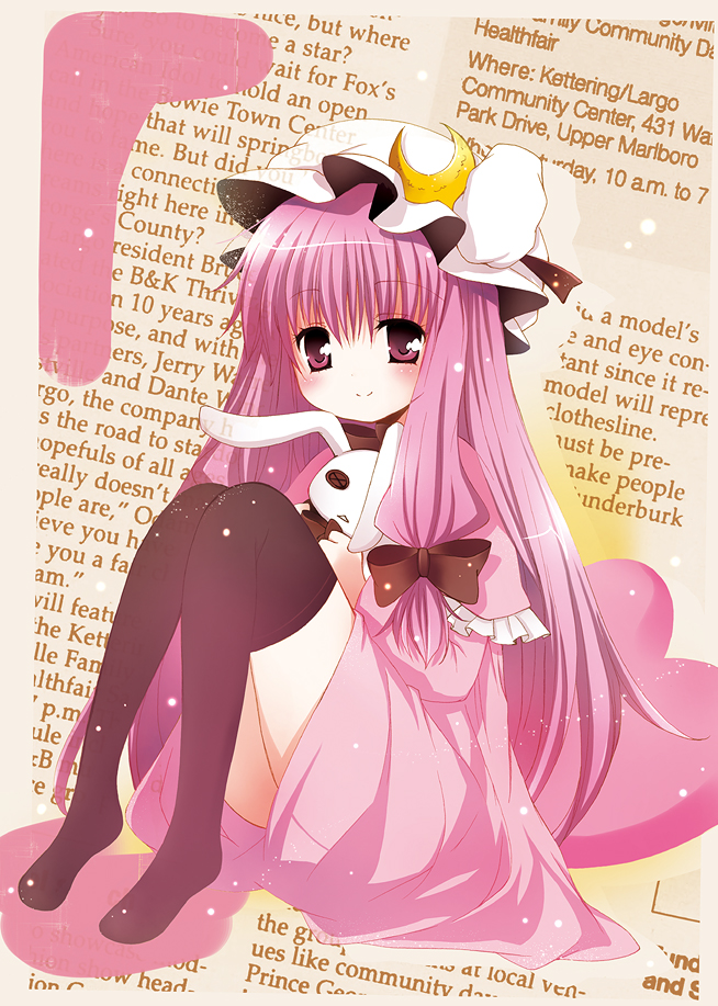 catbell, patchouli knowledge, touhou, 1girl, female focus, full body, hat, long hair, purple eyes, purple hair, sitting, solo, thighhighs