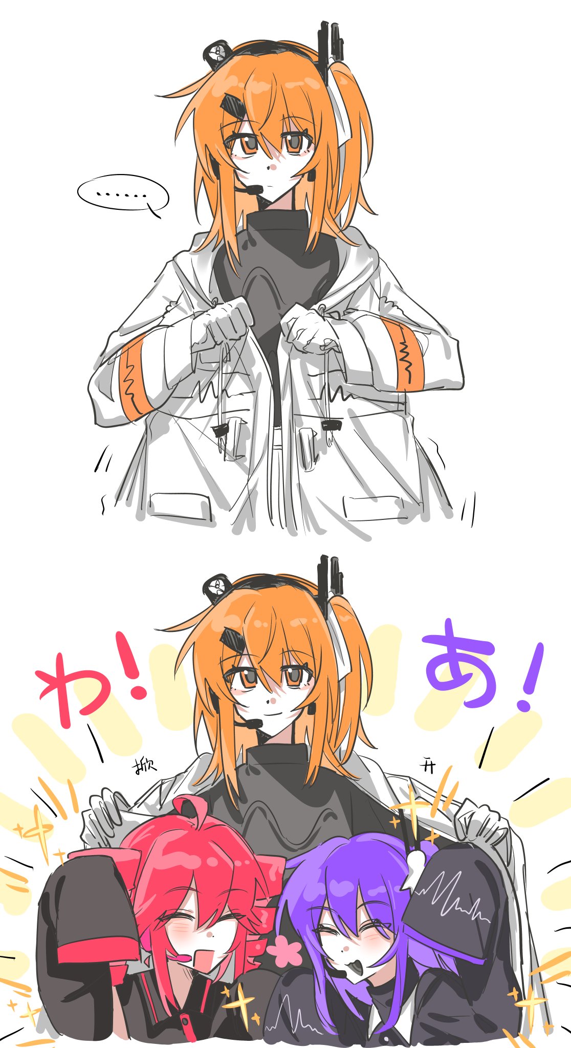 pealerprpr, adachi rei, kasane teto, kasane teto (utau), tsukumo shion, a.i. voice, utau, highres, …, 3girls, ahoge, black shirt, drill hair, gloves, hair ribbon, hand up, headlamp, headset, jacket, long hair, long sleeves, medium hair, multiple girls, multiple views, one side up, open mouth, opened by self, orange eyes, orange hair, purple hair, radio antenna, red hair, ribbon, sequential, shared clothes, shared jacket, shirt, simple background, sleeves past fingers, sleeves past wrists, smile, spoken ellipsis, twin drills, white gloves, white jacket, white ribbon