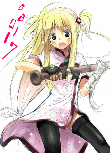 boshinote, arisa bunnings, burning arisa, lyrical nanoha, mahou shoujo lyrical nanoha, lowres, 00s, blonde hair, china dress, chinese clothes, dress, green eyes, long hair, solo, thighhighs