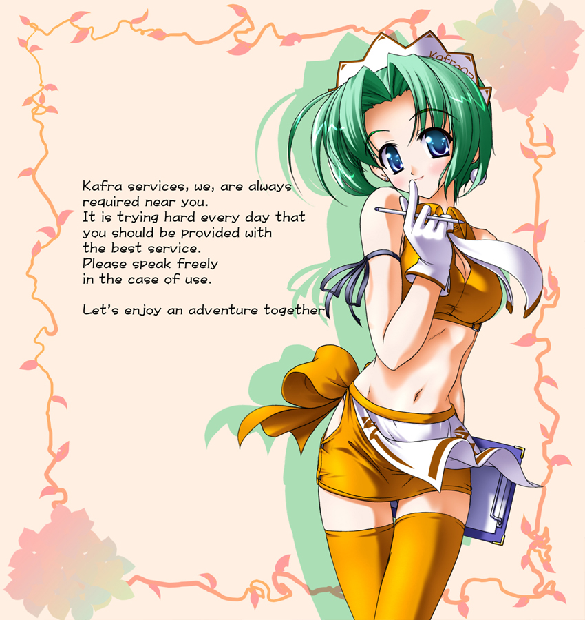 ragnarok online, 1girl, apron, arm ribbon, blue eyes, blush, cleavage cutout, clipboard, clothing cutout, crop top, earrings, english text, engrish text, female focus, finger to mouth, gloves, green hair, jewelry, kafra uniform, looking at viewer, maid headdress, midriff, miniskirt, necktie, orange thighhighs, parted bangs, pen, ranguage, ribbon, short hair, skirt, sleeveless, solo, thigh gap, thighhighs, waist apron, waitress, white gloves, white necktie