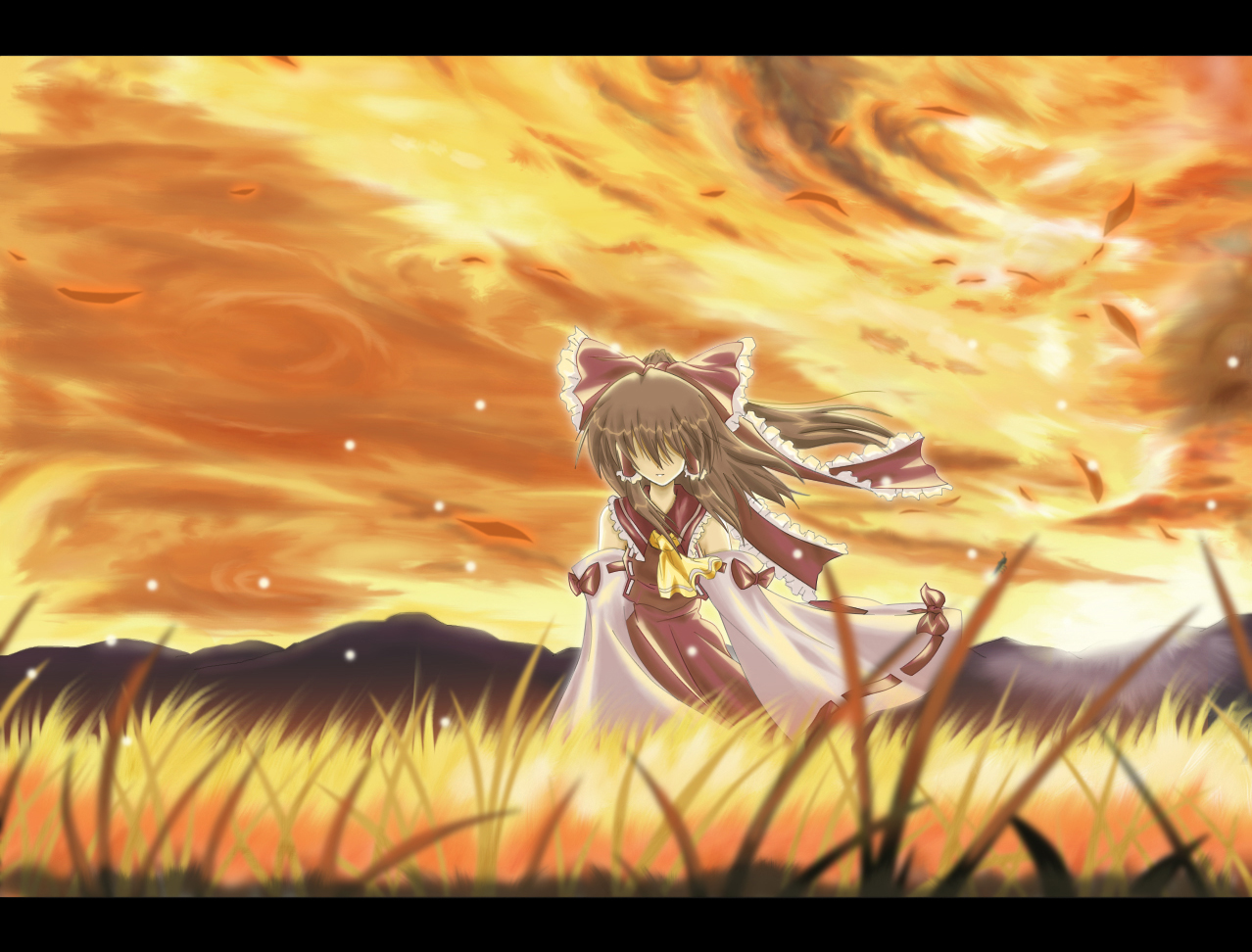auer, hakurei reimu, touhou, 1girl, arms at sides, ascot, bare shoulders, blouse, blurry, border, bow, brown hair, bug, cloud, cloudy sky, depth of field, detached sleeves, expressionless, facing viewer, falling leaves, female focus, fireflies, frilled bow, frilled shirt collar, frills, grass, hair bow, hair over eyes, hair tubes, horizon, japanese clothes, leaf, letterboxed, light smile, long hair, long sleeves, miko, mountain, mountainous horizon, orange sky, orange theme, ponytail, red bow, red shirt, red skirt, ribbon, ribbon-trimmed sleeves, ribbon trim, shirt, skirt, skirt set, sky, smile, solo, twilight, wide sleeves, wind