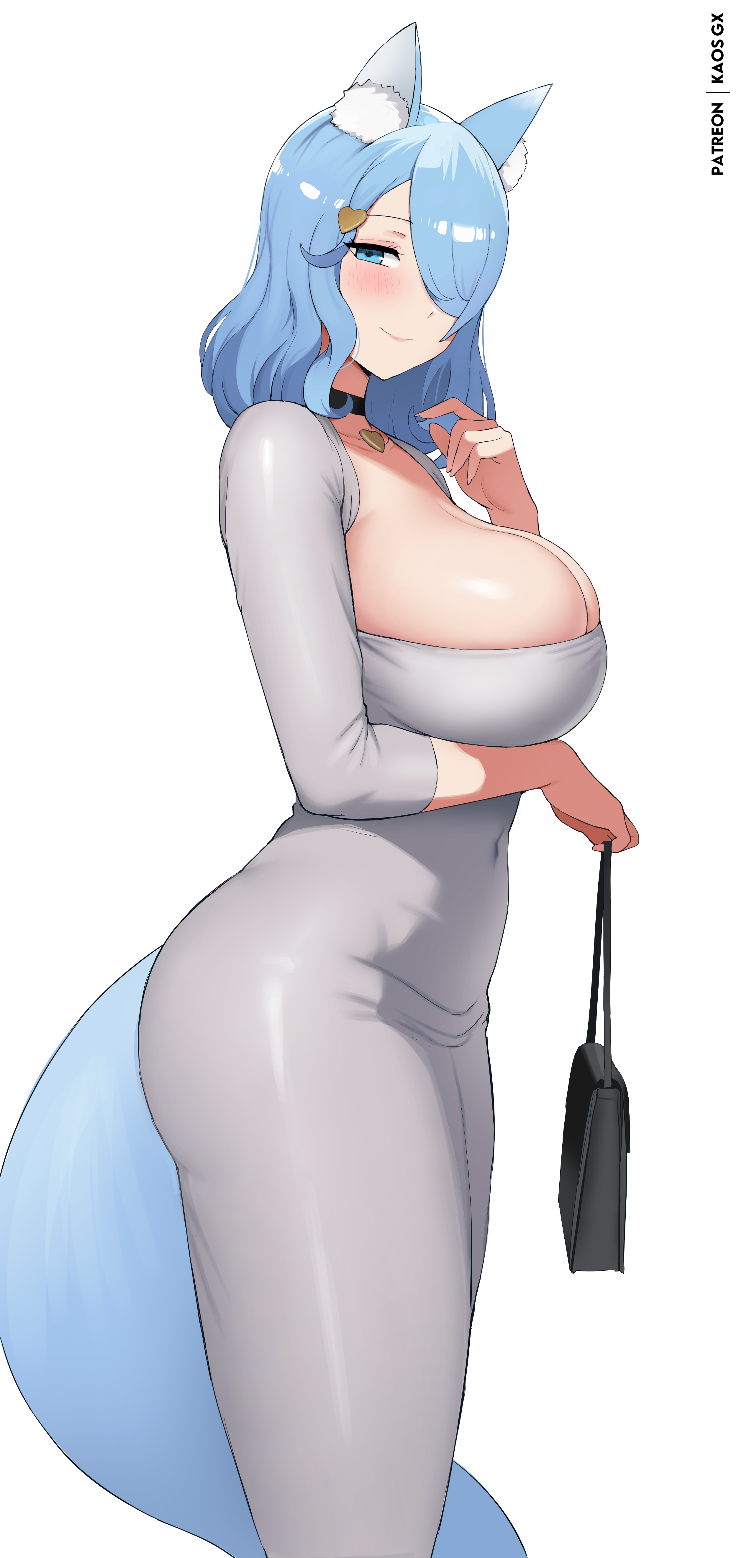 kaos art, original, absurdres, commentary, highres, 1girl, animal ear fluff, animal ears, arm under breasts, bag, black choker, blue eyes, blue hair, blue tail, blush, breasts, choker, closed mouth, covered navel, dongtan dress, dress, feet out of frame, fox ears, fox girl, fox tail, from side, grey dress, hair ornament, hair over one eye, hand up, heart, heart hair ornament, hinari (kaos art), holding, holding bag, large breasts, looking at viewer, medium hair, one eye covered, patreon username, simple background, smile, solo, standing, tail, three-quarter sleeves, tight clothes, tight dress, white background