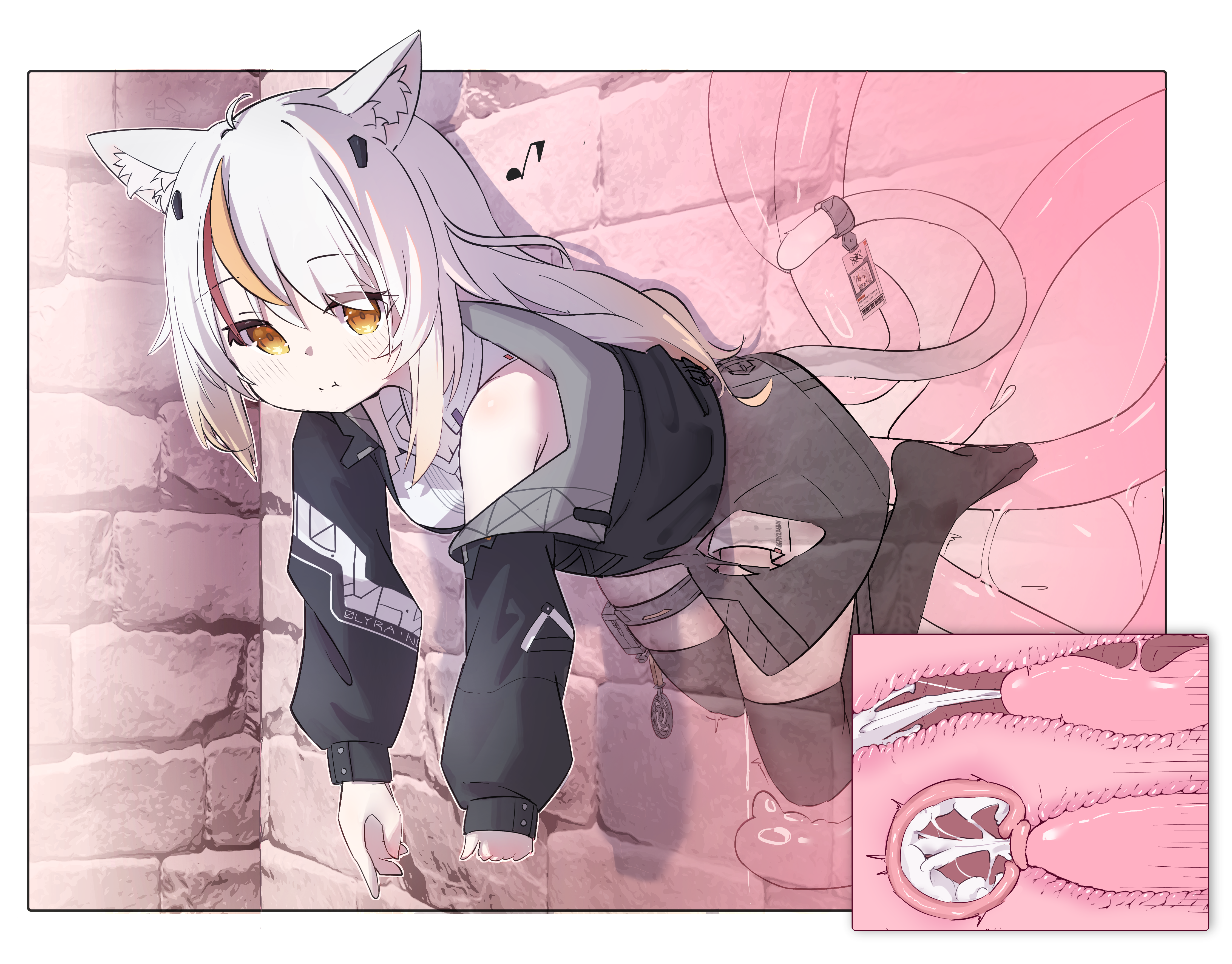 sstareven2, original, absurdres, highres, 1girl, :t, anal, animal ears, black jacket, black thighhighs, blonde hair, cat ears, cat girl, cat tail, cross-section, cum, cum in ass, cum in pussy, dress, ejaculation, full body, glory wall, gradient hair, id card, jacket, kankaku shadan, long hair, long sleeves, looking at viewer, multicolored hair, musical note, off shoulder, open clothes, open jacket, pouch, red hair, short dress, sleeveless, sleeveless dress, slimy, smile, spoken musical note, streaked hair, tail, tentacle sex, tentacles, thigh pouch, thigh strap, thighhighs, through wall, vaginal, white dress, white hair, x-ray, yellow eyes