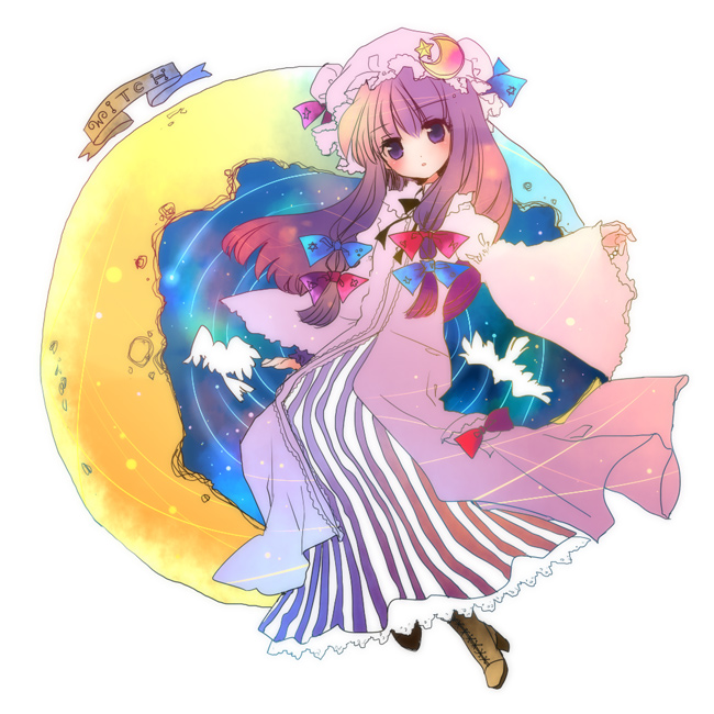 torii sumi, patchouli knowledge, touhou, 1girl, boots, brown boots, dress, english text, female focus, full body, hat, head tilt, lace-up boots, long hair, mob cap, purple eyes, purple hair, solo, star trail, striped clothes, striped dress, vertical-striped clothes, vertical-striped dress, white background