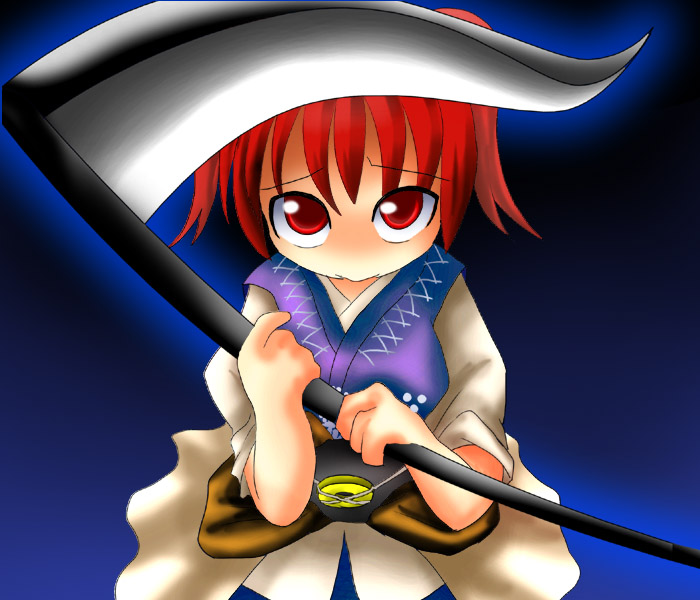 des (namaasi), onozuka komachi, touhou, 1girl, chibi, female focus, scythe, solo