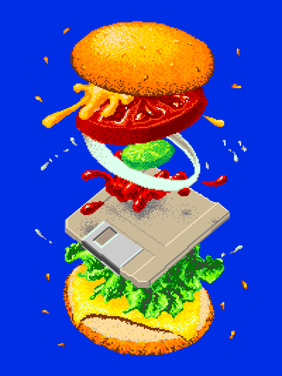 original, derivative work, highres, making-of available, photoshop (medium), blue background, bread bun, burger, cheese, floating food, floppy disk, food, food focus, graphicraft (medium), ham, jack haeger, ketchup, lettuce, mustard, no humans, onion, pickle, sesame seeds, simple background, tomato, water drop, xboxahoy