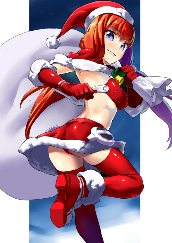 chikugen shiina, clariskrays, phantasy star, phantasy star online 2, 1girl, ass, bell, bikini, bikini top only, blue eyes, blush, boots, border, capelet, christmas, elbow gloves, foot out of frame, from behind, from below, fur trim, gloves, grin, hat, holding, holding sack, leaf, leg up, long hair, looking at viewer, looking back, low twintails, miniskirt, night, night sky, panties, pom pom (clothes), red bikini, red boots, red capelet, red gloves, red hair, red panties, red skirt, red thighhighs, sack, sack behind back, santa costume, santa hat, skirt, sky, smile, smirk, solo, swimsuit, thighhighs, twintails, twisted torso, underwear, upskirt, white border, white trim